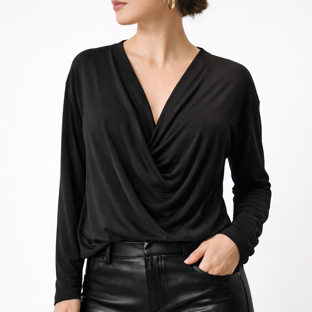 Okakie Black Draped Front Jersey Knit Long Sleeve Top – Size M